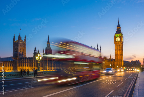 Poster Iconic Double Decker bus with Big Ben and Parliament at blue hour, London, UK