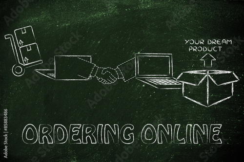 laptops, handshake and parcel: concept of ordering online