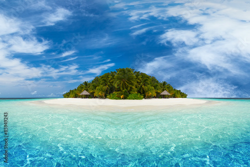Fotografiet paradise tropical island with coco palms white sand and beach