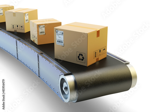 Packages delivery and mail service shipment concept, purchases transportation system, cardboard boxes on conveyor belt isolated on white background