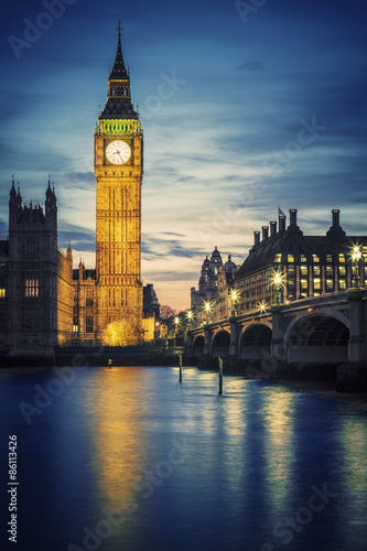 Famous Big Ben tower in London at sunset