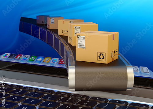 Online purchases and internet shopping concept, packages delivery service, cardboard boxes on conveyor belt from laptop screen