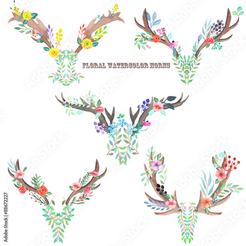  The horns entwined by flowers, leaves and plants painted in watercolor on a white background