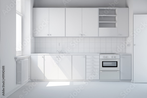 Fototapeta Leere weiße Küche mit Einbauküche