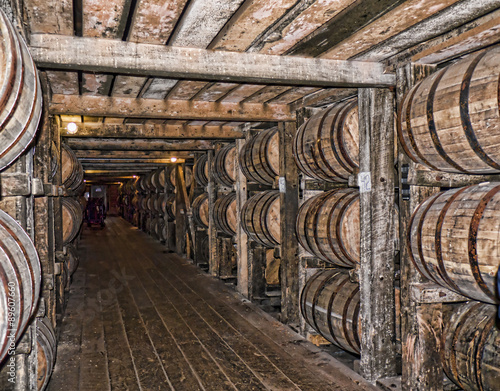 Poster Barrels maturing Bourbon in Distillery in Bardstown Kentucky USA