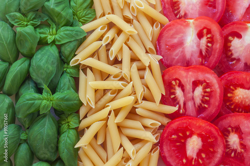 Poster italian food with background - pasta, tomato, basil