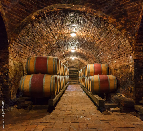 Lacobel Oak barrels in a underground wine cellar