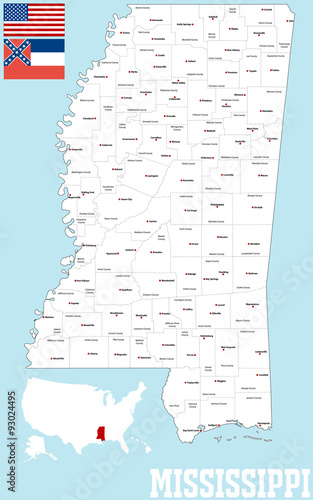 Large And Detailed Map Of The State Of Mississippi With All Counties And County Seats Stock 3164