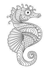 Vektor: Hand drawn sea horse zentangle style for coloring page,t shirt