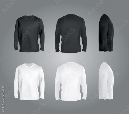 Long sleeved t-shirt templates collection, front, back, side view. Black and white colors blank shirts, vector eps10 realistic illustration. © kir_prime