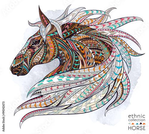 Obraz na płótnie Patterned head of the horse on the grunge background. African / indian / totem / tattoo design. It may be used for design of a t-shirt, bag, postcard, a poster and so on. 