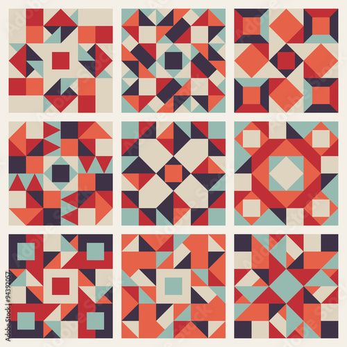 Fototapeta Vector Seamless Blue Red Orange Geometric Ethnic Square Quilt Pattern Collection