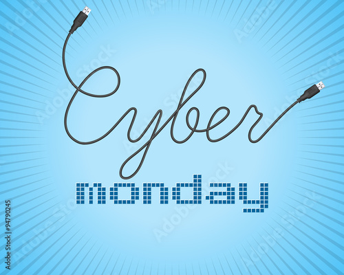 Digital promo text on a blue background for Cyber Monday.