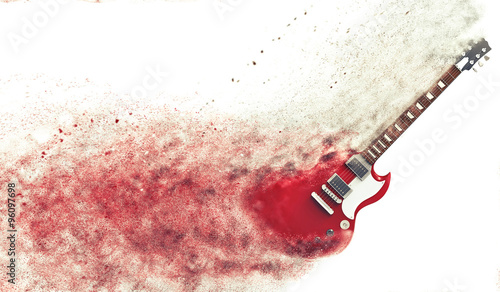  Red electric guitar disintegrating