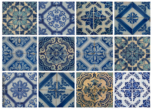 Fototapeta Collage of blue pattern tiles in Portugal