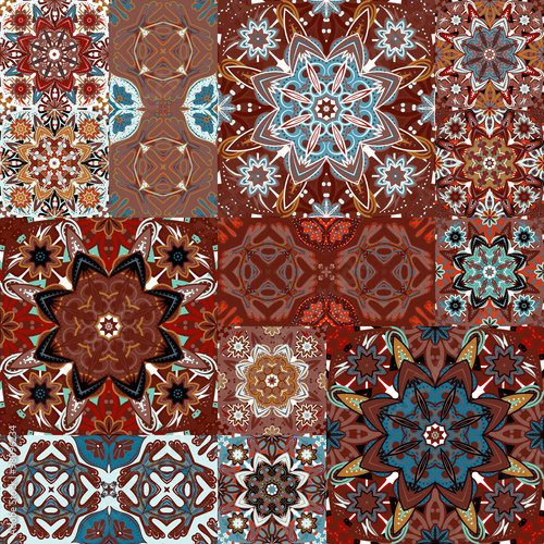 Fototapeta Seamless vector patchwork tile with Victorian motives in colorful