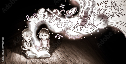 Poster A cute cartoon couple of Caucasian children boy and girl are rea