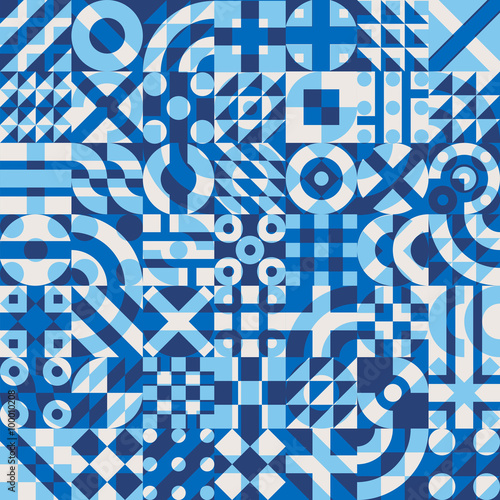 Fototapeta Vector Seamless Blue White Color Overlay Irregular Geometric Blocks Quilt Pattern