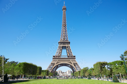 Poster Eiffel tower, sunny summer day with blue sky and green Field of Mars