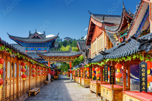 Poster Street decorated with traditional red lanterns, Lijiang, China