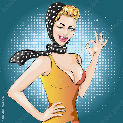 pop-art-mruga-kobiete-ok-gestem-dziewczyna-pozujaca-do-zdjec-na-plakatach