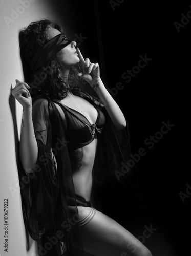 Poster woman posing in casual underwear cloth and sensual black stripe