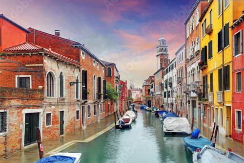 Poszter Venice landmark, canal, colorful houses and boats, Italy