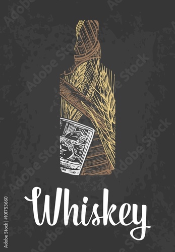 butelka-whisky-ze-szklem-kostkami-lodu-beczka-cygarem