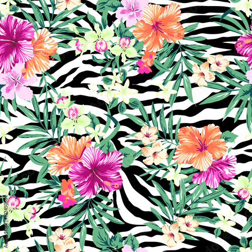 Tropical flowers over zebra print ~ seamless background