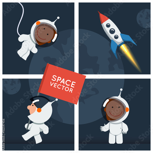 Little funny astronaut floated in space with rocket