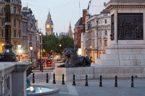Trafalgar square and Big Ben, early morning in London