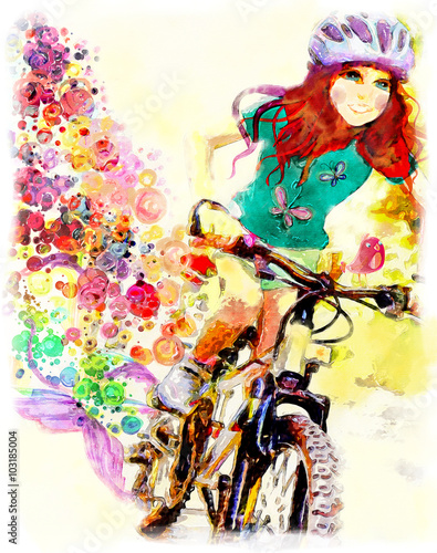 Young girl rides bicycle. Watercolor illustration плакат
