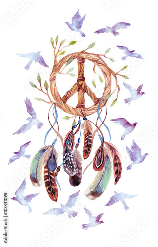  Watercolor ethnic dream catcher and peace sign.