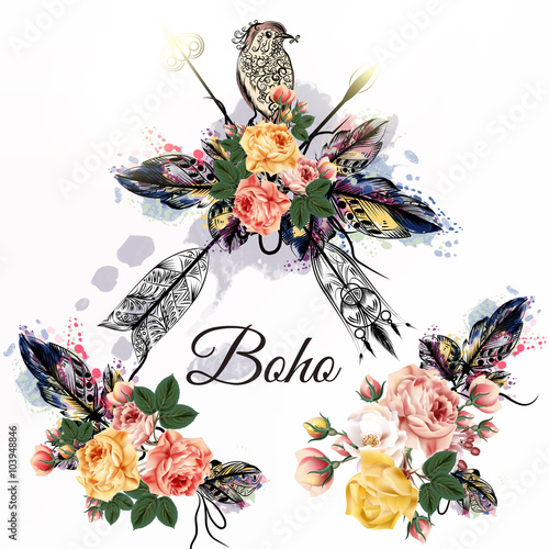Fototapeta Boho tribal design with arrows roses and birds in watercolor han