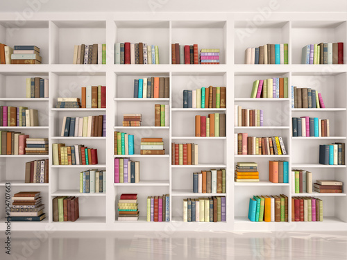 Zdjęcia 3d illustration of White bookshelves with various colorful books