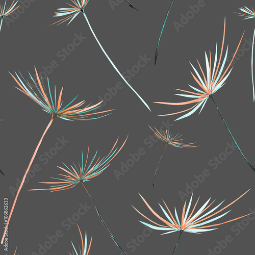 Obraz Fotograficzny Seamless floral pattern with the watercolor dandelion fuzzies, hand drawn on a grey background