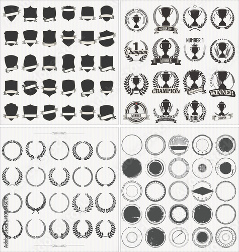 Set of empty retro vintage frames laurels badges shields throphy and stamps