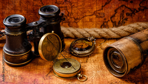 starego-rocznika-retro-kompas-i-spyglass-na-antycznym-swiecie