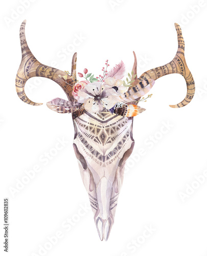  Watercolor bohemian deer skull. Western mammals. Watercolour d