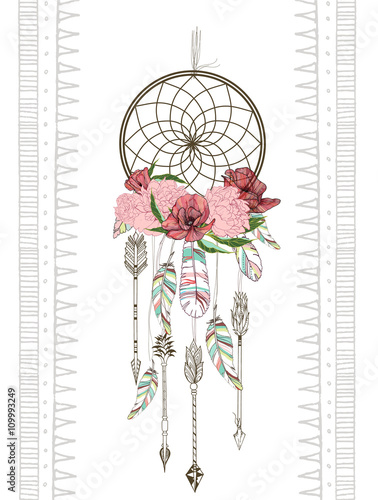  Vector hand drawn illustration of dreamcatcher. Traditional boho chic romantic decoration, with aztec arrows, feather and flowers.