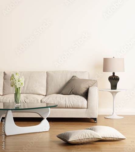 Modern beige sofa in a contemporary living room