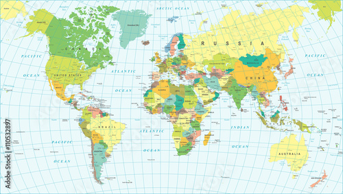  Colored World Map - borders, countries and cities - illustration
Highly detailed colored vector illustration of world map.
