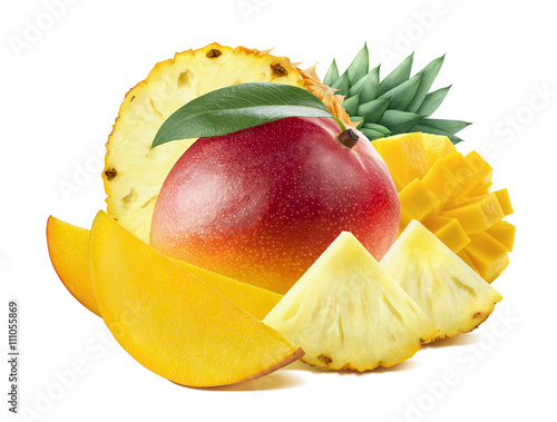 Peach mango long slices isolated on white background as package design element