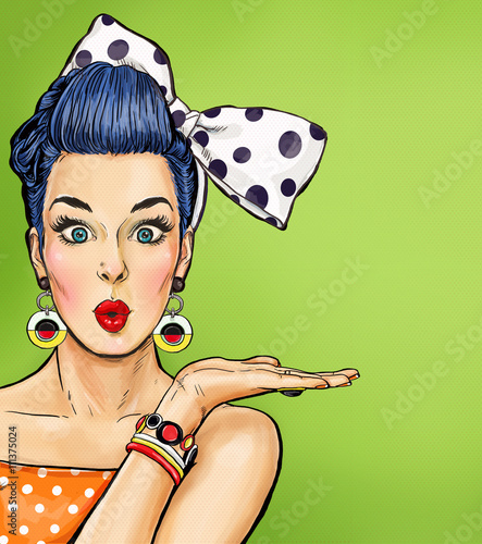 Pop Art girl with thought bubble. Party invitation. Birthday card. Hollywood, movie star. Comic woman. Sexy girl. Sale, discount, amazed, wow, cute, lips, hippie, face, wow, makeup, wonder, temptation
