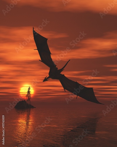 dragon-volant-bas-sur-la-mer-au-coucher-du-soleil-illustration-fantastique