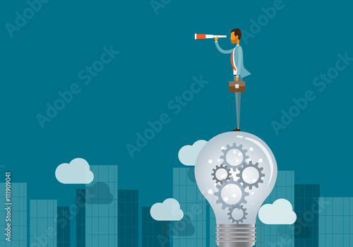 business vision concept and business man standing on lightbulbs плакат
