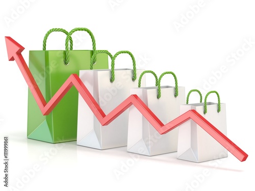 Shopping bag increasing chart. Sales growth chart. 3D render illustration isolated on white background