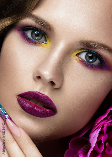 Poster Beautiful girl with colorful make-up, flowers. beauty face.