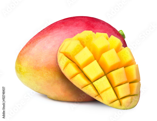 Mango with half sliced to cubes isolated on white background, with clipping path