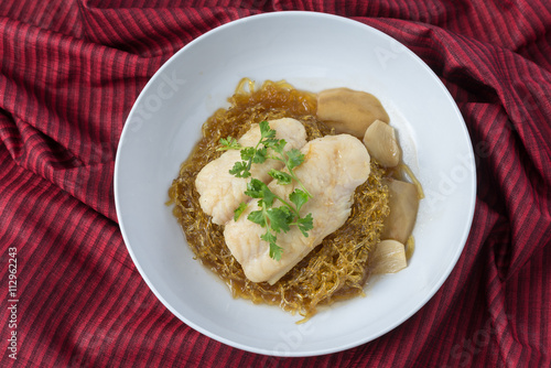 Poster Food series : Steamed pangasius dory fillet with seaweed noodle
